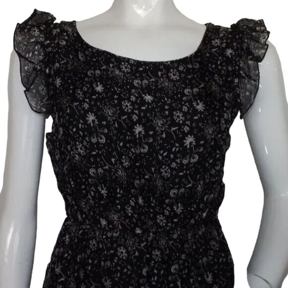 new LE RAGAZZE Maxi Dress, XS, Black, White/brown floral print, Ruffle shoulder - Picture 2 of 12